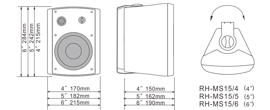 RH-AUDIO Two Way Voice Wall Mounting Speakers RH-MS15 Series Size