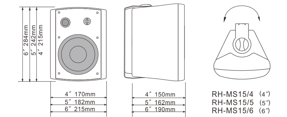 RH-AUDIO Two Way Voice Wall Mounting Speakers RH-MS15 Series Size